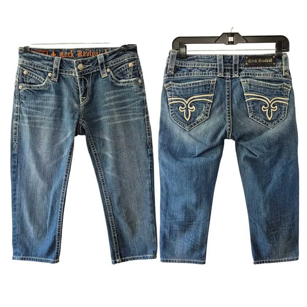 Rock Revival Amy Boot Crop Capri Blue Jeans Low Rise Heavy Stitch Bling 27